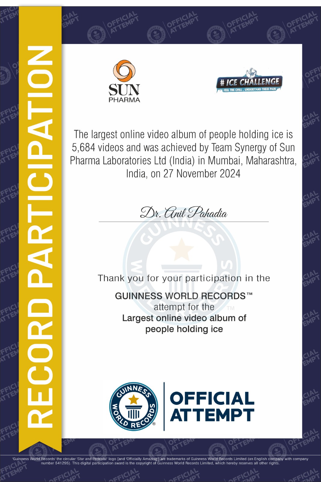 Guinness World Record Certificate